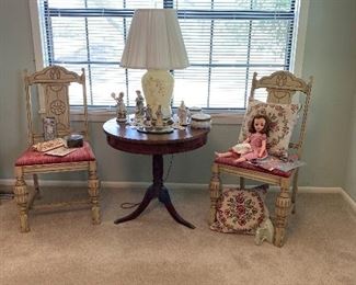 Matching white chairs (2)
$45.00 each
Round Table $85.00