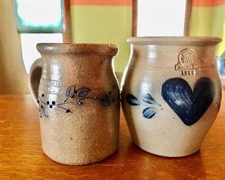 $40 each - Rowe Pottery Works stoneware pitcher and jug.  Pitcher: 3.25" diam, 4.5" H.  Jug: 4.5" diam, 5" H. 