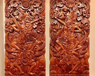 $140  for pair Balinese carved wood wall art.  8" W, .5" D, 15.5" H. 