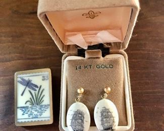 $45 earrings Scrimshaw earrings 14K posts and $10 dragonfly stamp pin 