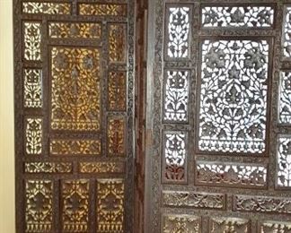 Hand carved Indian 4 panel screen.  72" high each panel is 22 inches wide.