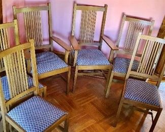 Set $700 TOTAL 6 chairs $400 Set of,4 Stickley  dining room chairs and $300 for 2 arm chairs - AS IS one dining chair has a chip Seat covers are more pink than blue