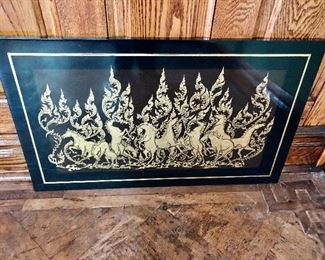 $60 Black lacquer herd of  golden horses art  30" W x 18" H - AS IS