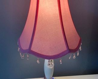 $15 / Small white table with lamp with pink beaded shade. Measures: 15" tall x 13" wide