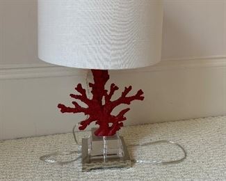 $35 / Adorable red coral table lamp on lucite base with neutral shade. Measureements: 24" tall x 13" width shade