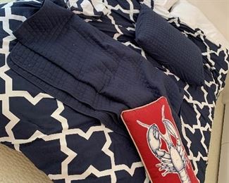 $48 / Two sets of full /queen bedding in navy.  One set is solid navy with two shams and other set is navy and cream trellis with two shams.  Lobster pillow NOT included. 