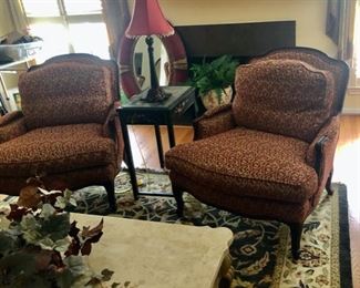 pair of French burgere style upholstered chairs excellent condition wood trim  $280