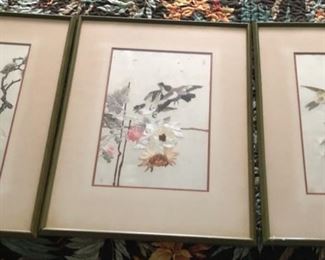 set of three vintage silk embroidery chinese birds framed $150.00 for all three 