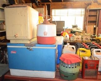 old coolers including a Coleman metal cooler