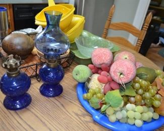cobalt blue oil lamps, vintage plastic fruit