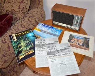 FM radio; Titanic picture book; 1943 "Victory News" from the LeTourneau Co. of Georgia; book by John Kollock