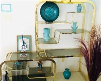 Milo Baughman Shelving Unit $1350, blue vases $70, $30, and $10 and $7