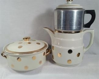 Halls Superior Kitchenware with gold and polka dots