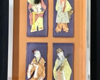 11 1/2” x 21” Vintage Chinese Paper Silk Framed Handcrafted Paper dolls. 