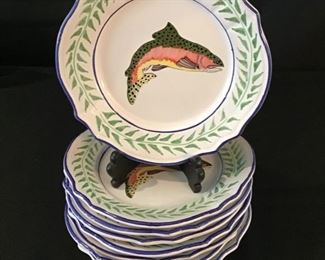 Set of 9 Deruta Trout Plates Majilly Hand Painted 