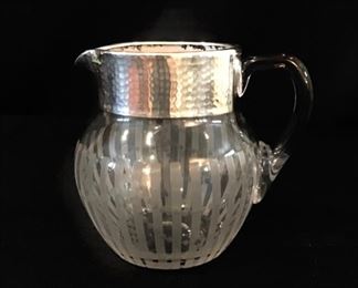Vintage Glass Pitcher With Silver Rim 