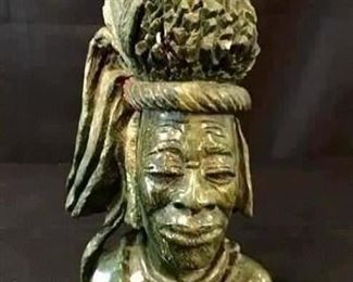 Zulu Warrior African Stone Sculpture with Stone Inlay, 8" H.