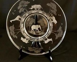 African Crystal Design Plate with Frosted Glass Animals, 11 1/2" diameter. 
