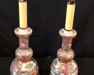 Antique Chinese Family Rose Pair of Lamps 19”