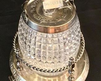 Antique English Crystal Silver plate Biscuit Jar with Stand 