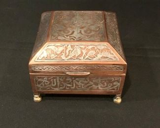 Antique Middle Eastern Inlaid Silver and Copper Jewelry Box 