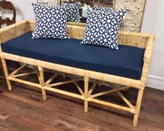 Serena & Lily Wicker Bench with Navy Blue Cushion, 58" W x 28" H x 21" D. 