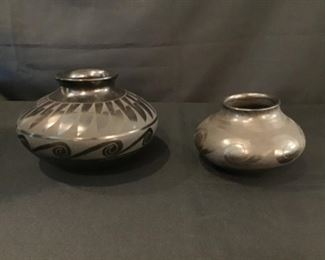2 Vintage Native American Blackware Pottery Signed