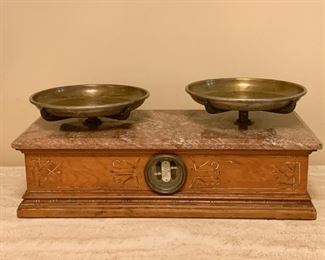 Lot #822 - $180 - Antique Apothecary Table Top Pharmacy Balance Scale, Wood & Marble (18.75" L x 8.75" W x 5" H
