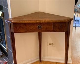 Lot #839 - $200 - Antique Wooden Corner Table with Drawer (15.5" D x 29.5" H)