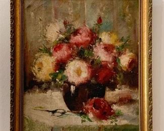 Lot #841 - $200 - Floral Still Life Oil Painting, Signature Illegible (12.25" L x 14" H)