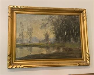 Lot #842 - $500 - Framed Artwork / Oil Painting, Woman on Lake, Early 20th Century, Signed (35" L x 26" H) 