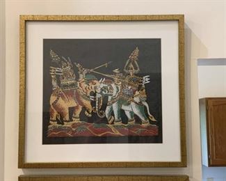 Lot #844 - $65 - Framed Artwork / Wall Hanging (Warriors on Elephants), Unsigned (15.25" L x 14" H)