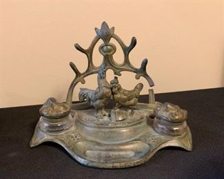 Lot #866 - $85 - Antique Inkwell with Rooster & Hen