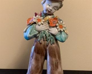 Lot #872 - $125 - Pottery Figurine / Ceramic Sculpture , Boy with Flowers, Signed (Maria Rahmer)