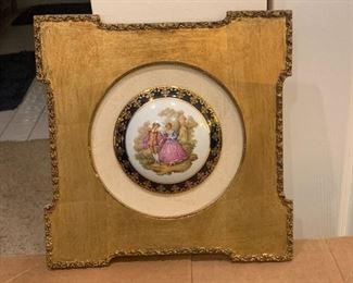 Lot #908 - $65 - Antique Painted Porcelain Framed Wall Hanging / Plaque (12" x 12")