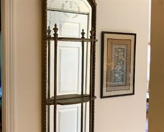 Lot #909 - $280 - Beautiful Antique Etched Wall Mirror with Shelves (16" L x 52" H) 