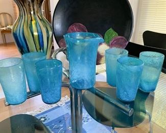 Hand Blown Glass Drink Set (Pitcher and 6 Glasses) - NOT Available for Online Purchase.  You must purchase at the sale.
