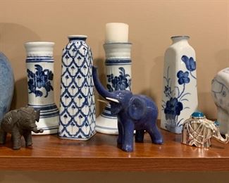 Blue & White Porcelain Candle Holders & Vases, Elephant Figurines - NOT Available for Online Purchase.  You must purchase at the sale.