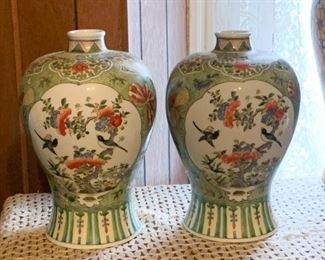 Lot #106 - $1,200 - Pair of Green Chinese Porcelain Vases, Birds, Kangxi Mark (each is 12" H)