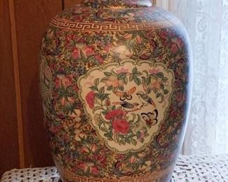 Lot #107 - $300 - Large Chinese Porcelain Jar, Famille Rose, Butterflies & Birds (17" H including stand)