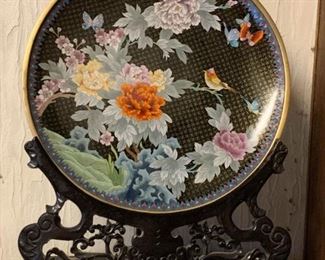 Lot #108 - $425 - Large Cloisonne Platter with Stand (platter is 20" dia, 26" H including stand)