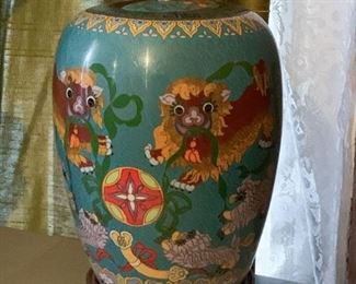 Lot #112 - $240 - Chinese Enamel Cloisonne Jar, Lions (15" H including stand)