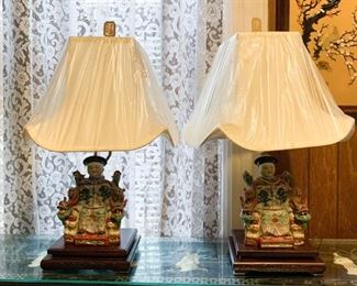 Lot #114 - $250 - Pair of Chinese Porcelain Emperor Table Lamps (each is 9.5" L x 8.5" W x 29" H to top of finial)