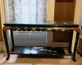 Lot #119 - $200 - Asian Black Lacquer Console Table (54" L x 16.5" W x 30" H), we have another console just like this, see later in the ad