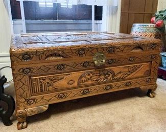 Lot #120 - Asian Wood Carved Trunk / Chest, No Key (35" L x 26.5" W x 16.25" H