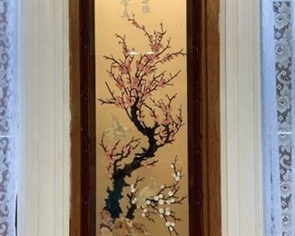 Lot #121 - $65 - Asian Artwork / Panel Wall Hanging, Pink Blossoms (14" W x 39.5" H)