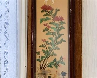 Lot #123 - $65 - Asian Artwork / Panel Wall Hanging, Flowers & Chickens (14" W x 39.5" H)