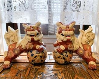 Lot #125 - $40 - Pair of Ceramic Foo Dogs / Temple Lions (10" L x 10.5" H)
