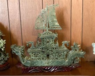 Lot #144 - $250 - Chinese Carved Serpentine Spinach Hardstone Dragon Boat Sculpture with Stand (23" L x 19.75" H)