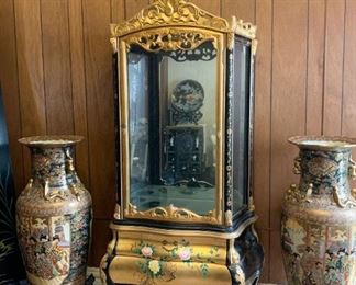 Lot #150 - $300 - Chinese Lacquer Hand Painted Display Cabinet - missing some glass shelves (39" L x 18.5" W x 78" H)